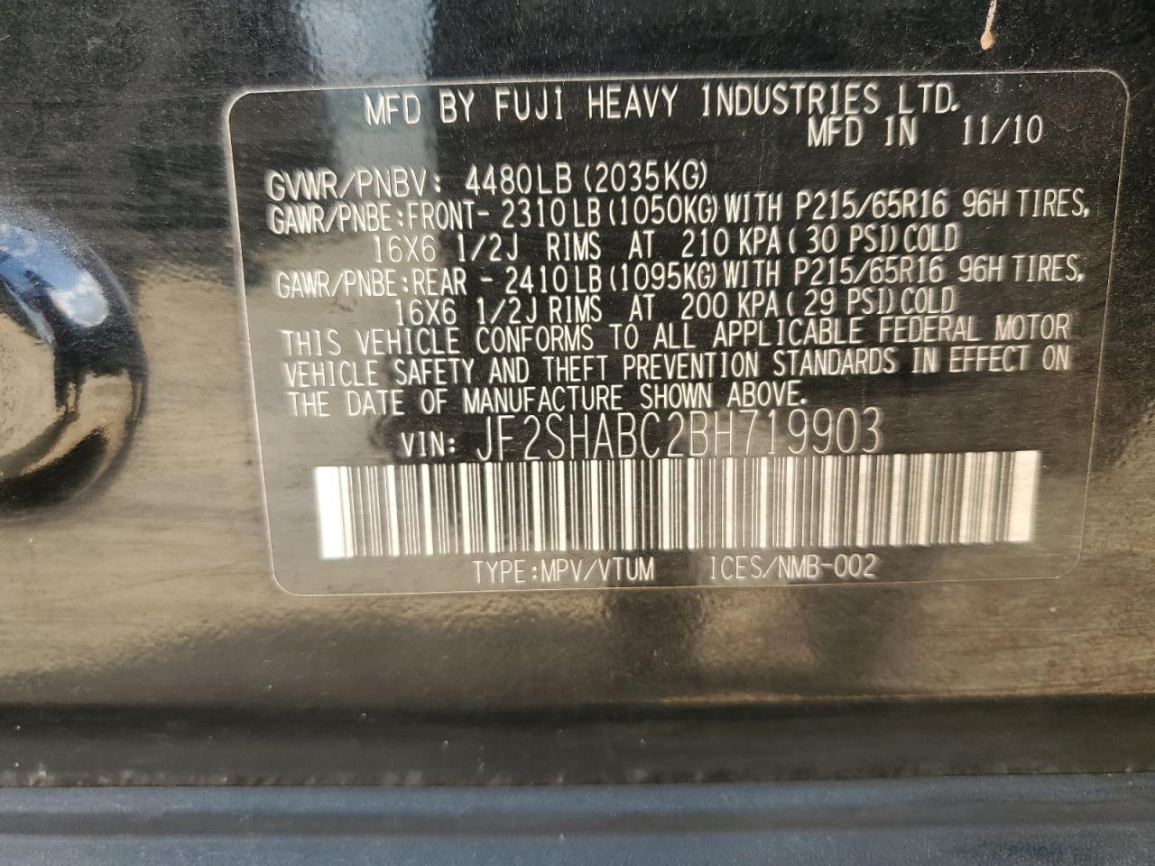 2011 Subaru Forester 2.5X VIN: JF2SHABC2BH719903 Lot: 56408045