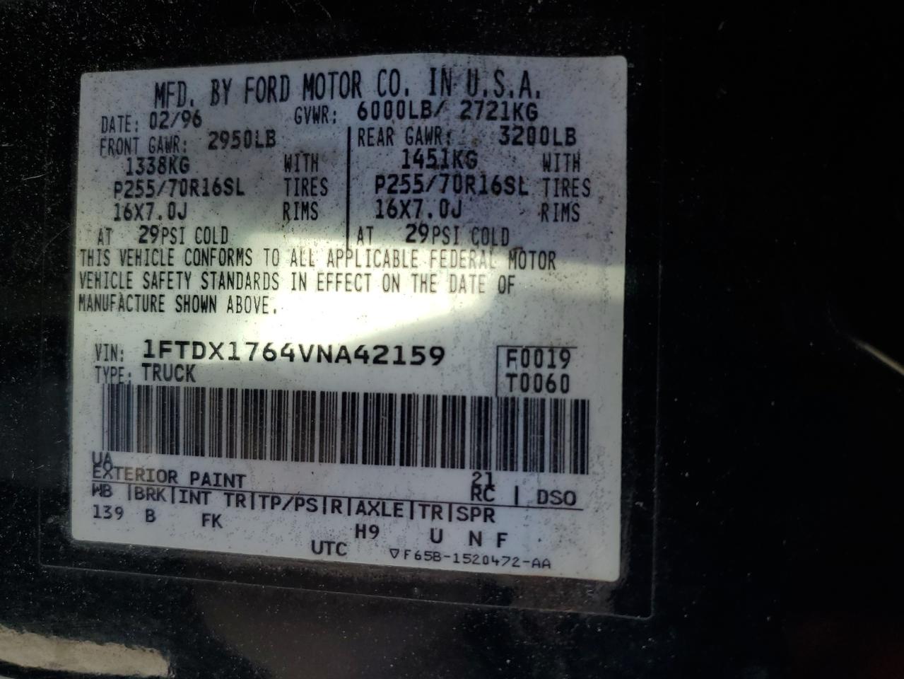 1997 Ford F150 VIN: 1FTDX1764VNA42159 Lot: 58139635