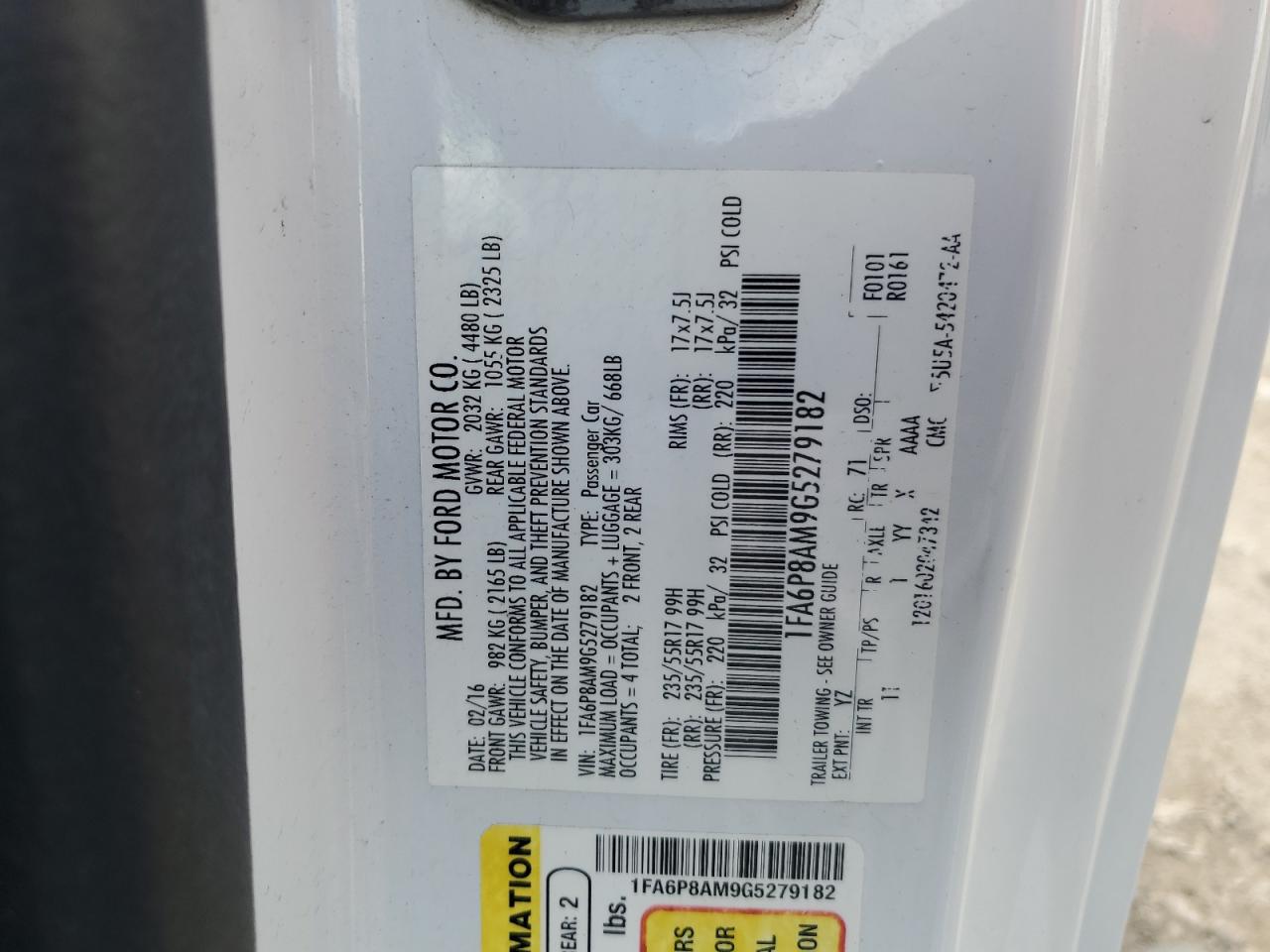 2016 Ford Mustang VIN: 1FA6P8AM9G5279182 Lot: 55495455