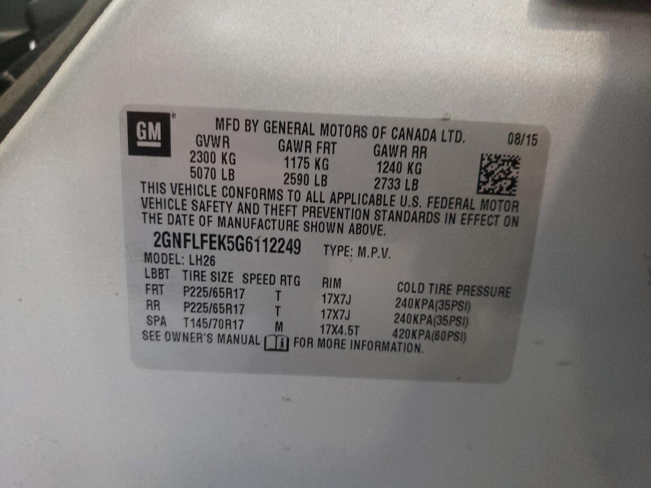 2016 Chevrolet Equinox Lt VIN: 2GNFLFEK5G6112249 Lot: 56964065
