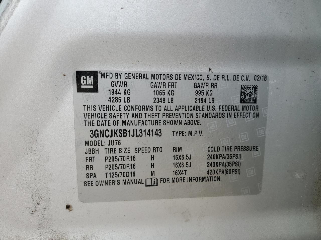 3GNCJKSB1JL314143 CHEVROLET TRAX 2018