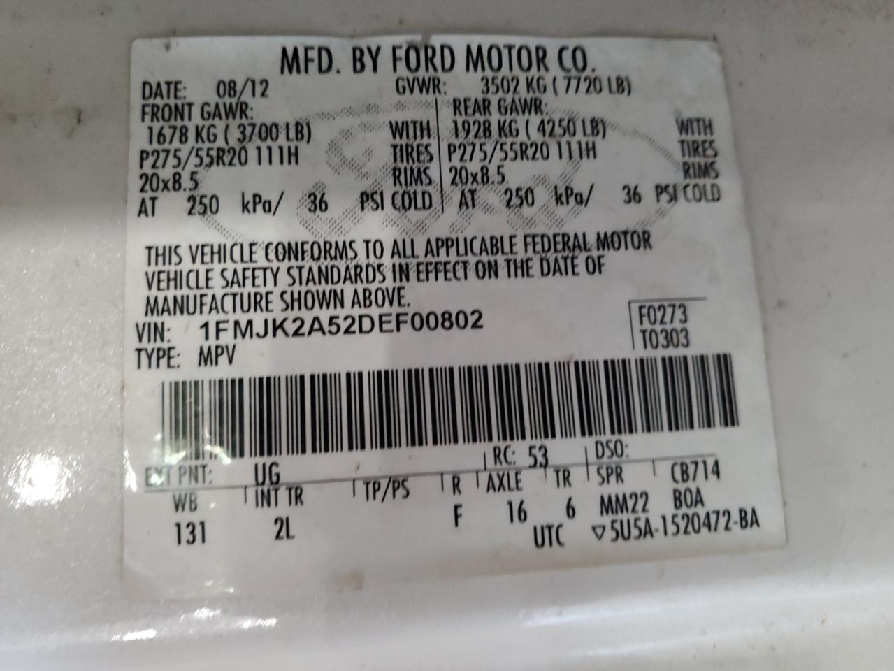 2013 Ford Expedition El Limited VIN: 1FMJK2A52DEF00802 Lot: 56463795