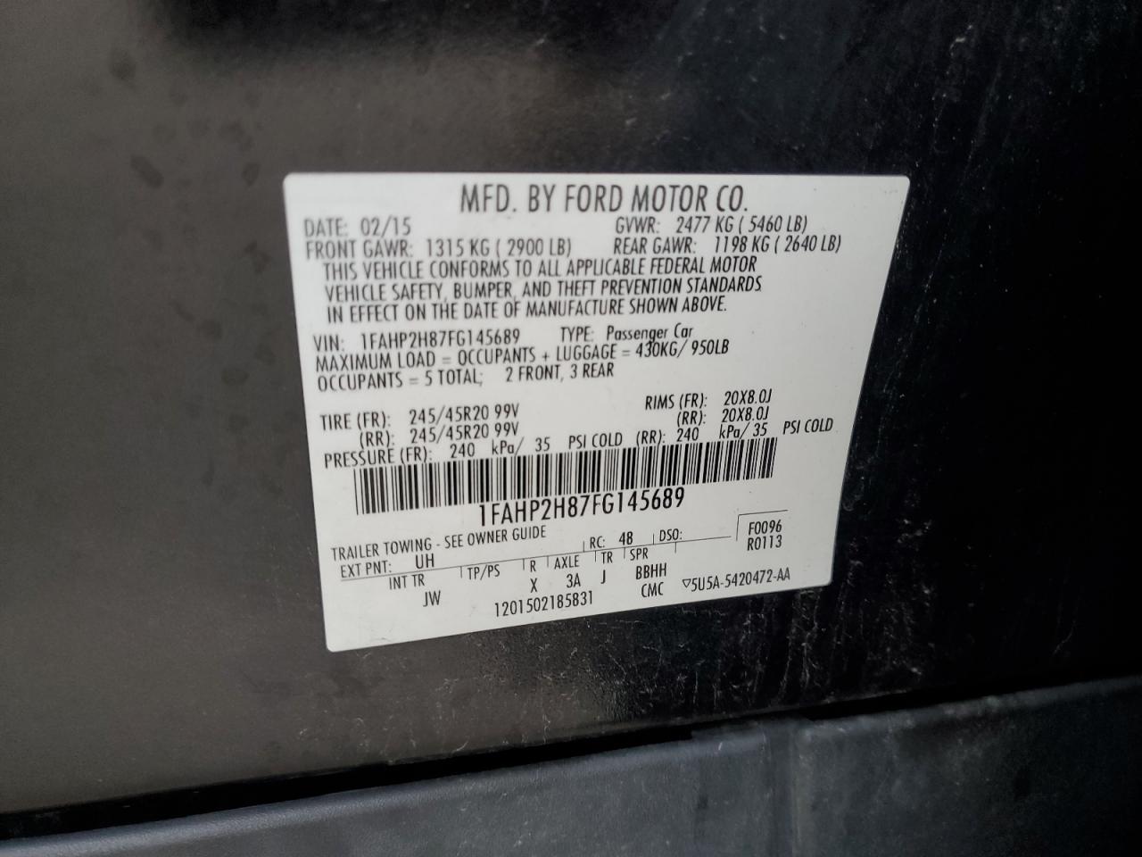 2015 Ford Taurus Sel VIN: 1FAHP2H87FG145689 Lot: 56294115