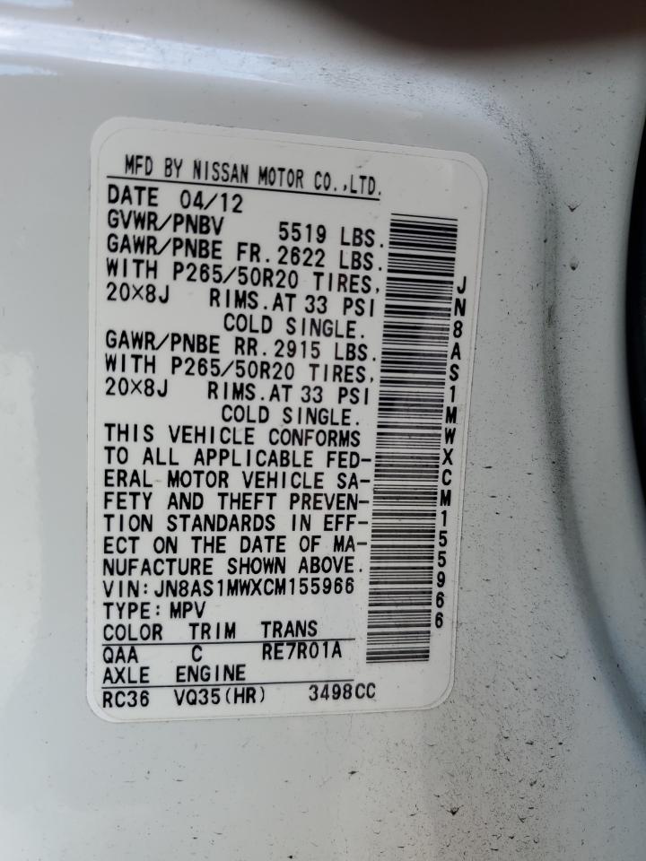 2012 Infiniti Fx35 VIN: JN8AS1MWXCM155966 Lot: 55132465