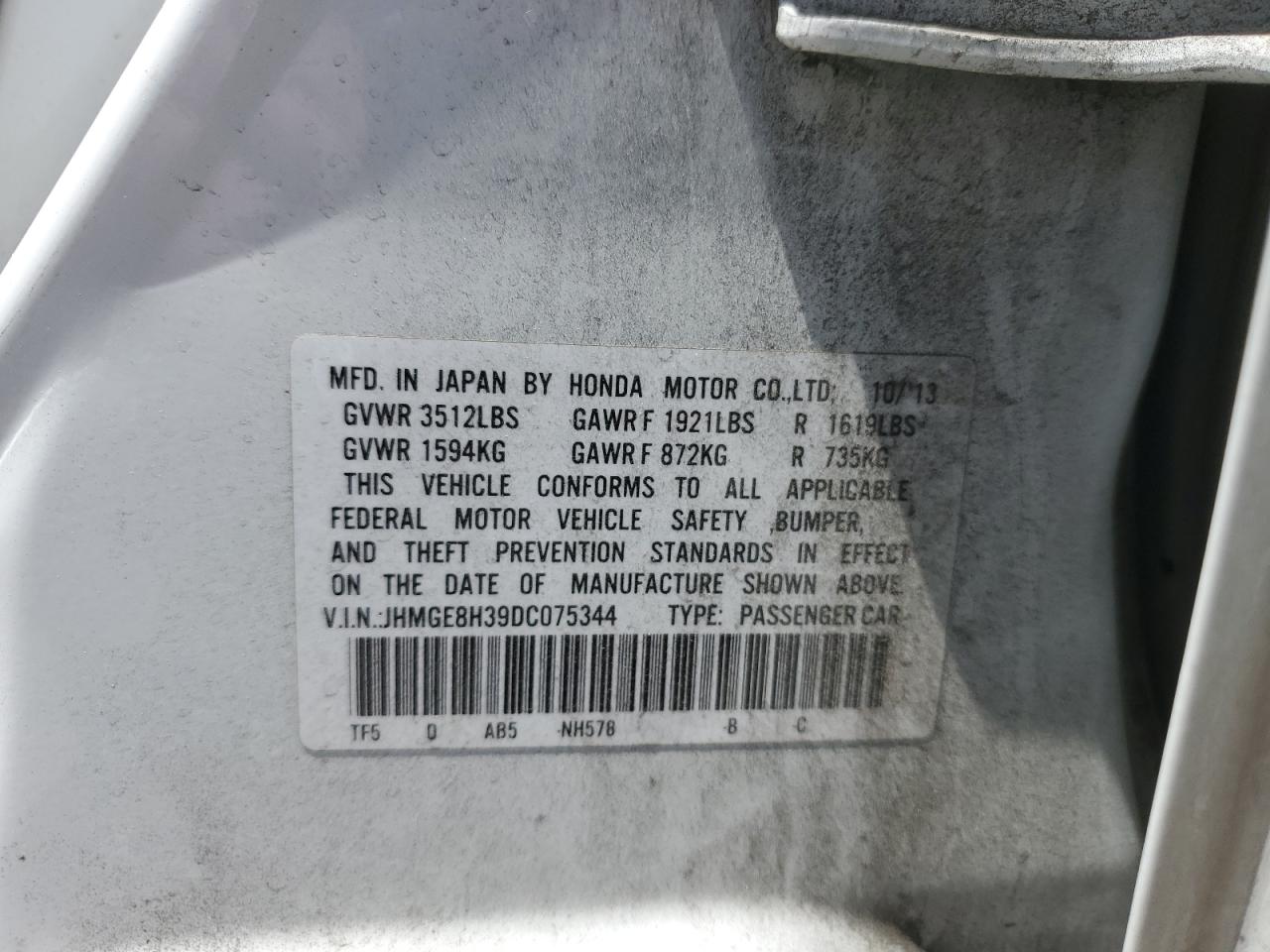 2013 Honda Fit VIN: JHMGE8H39DC075344 Lot: 56944945