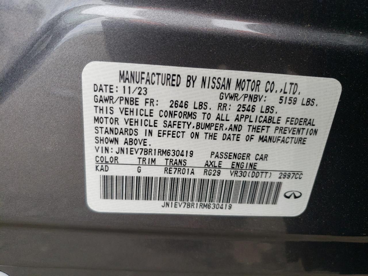 2024 Infiniti Q50 Luxe VIN: JN1EV7BR1RM630419 Lot: 57086025