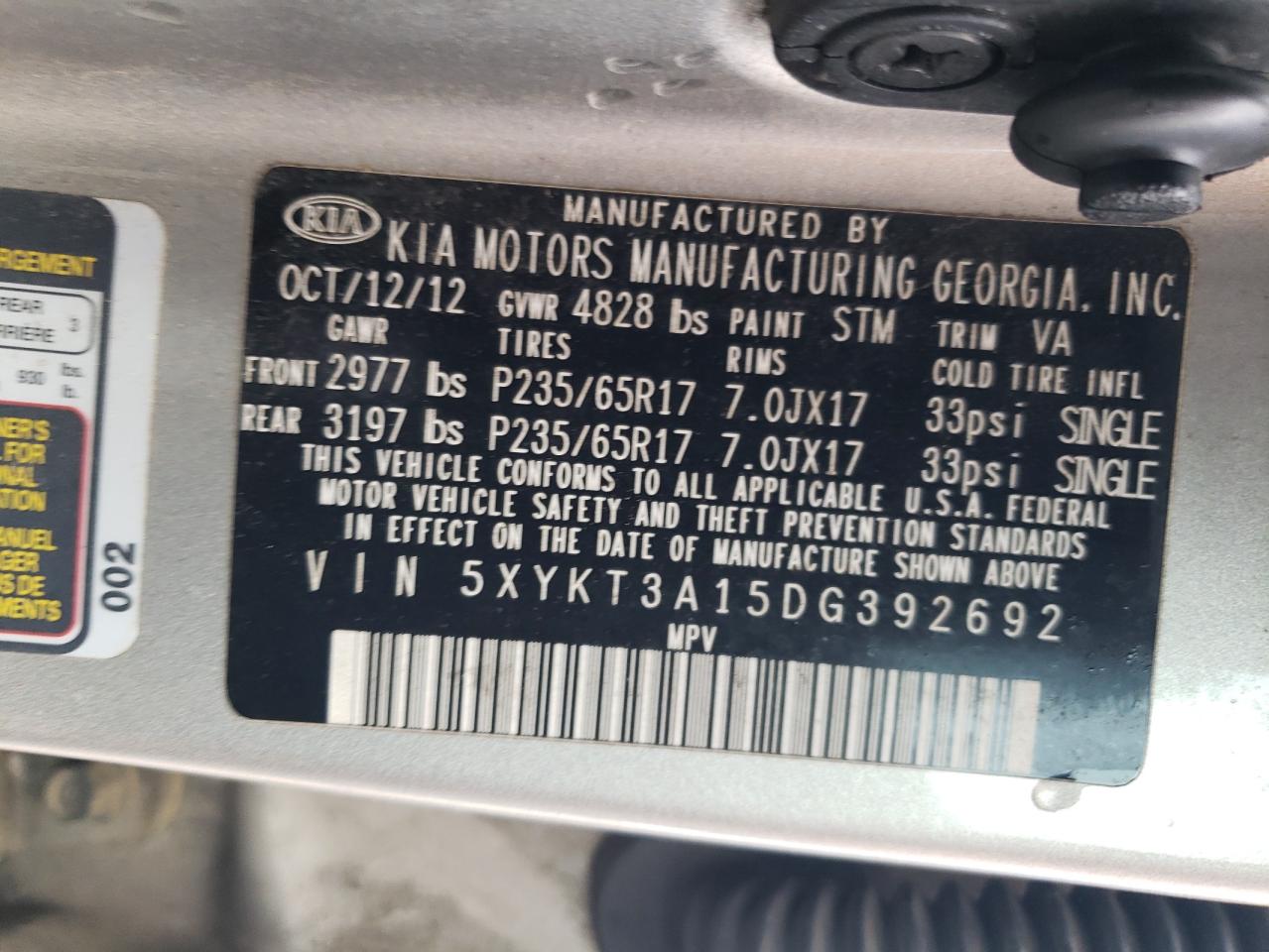 2013 Kia Sorento Lx VIN: 5XYKT3A15DG392692 Lot: 56581065