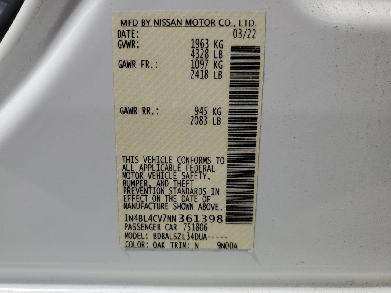 2022 Nissan Altima Sr VIN: 1N4BL4CV7NN361398 Lot: 56885185