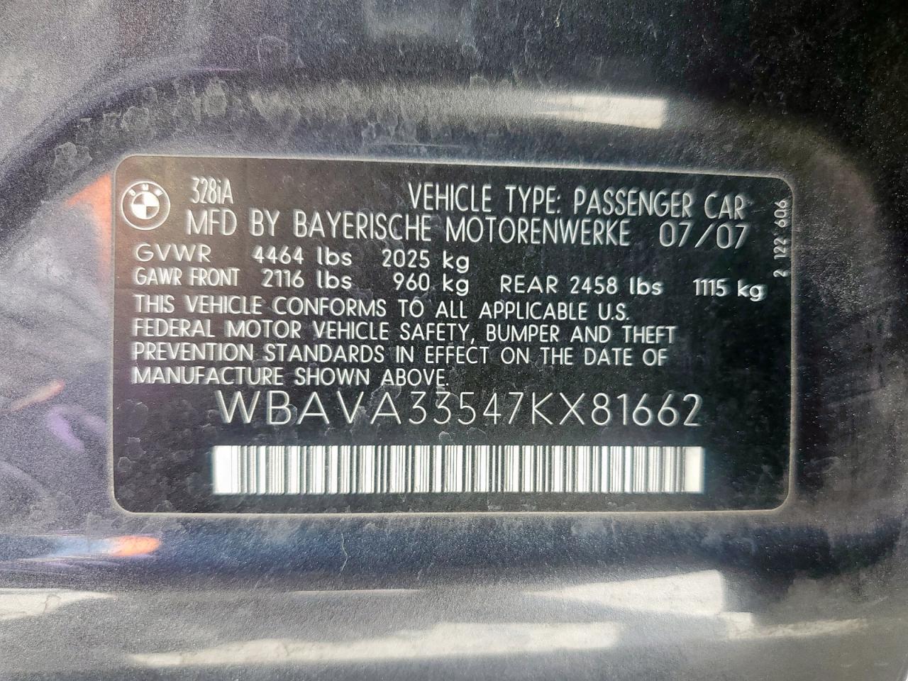2007 BMW 328 I VIN: WBAVA33547KX81662 Lot: 57052975
