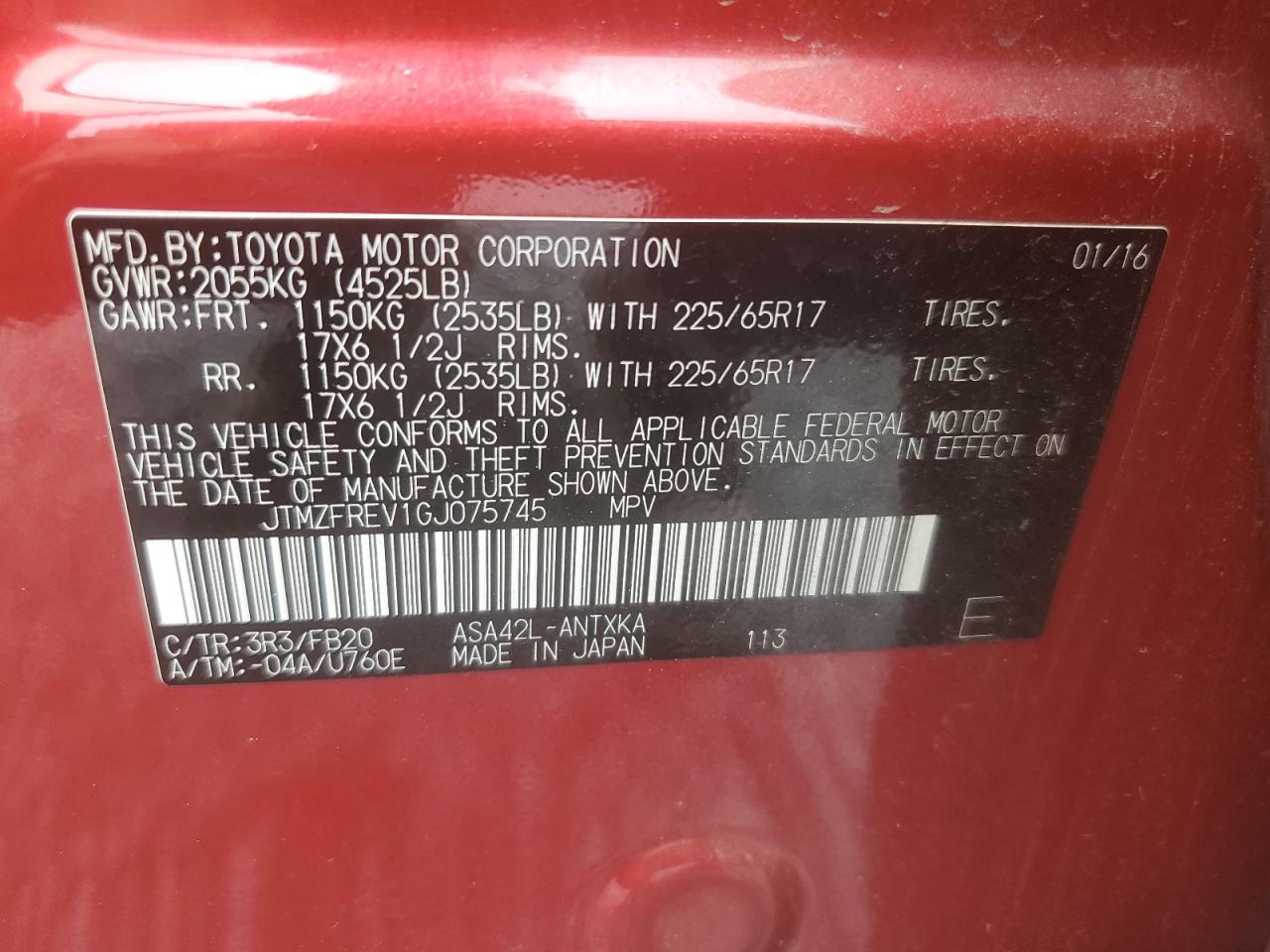 JTMZFREV1GJ075745 TOYOTA RAV4 2016