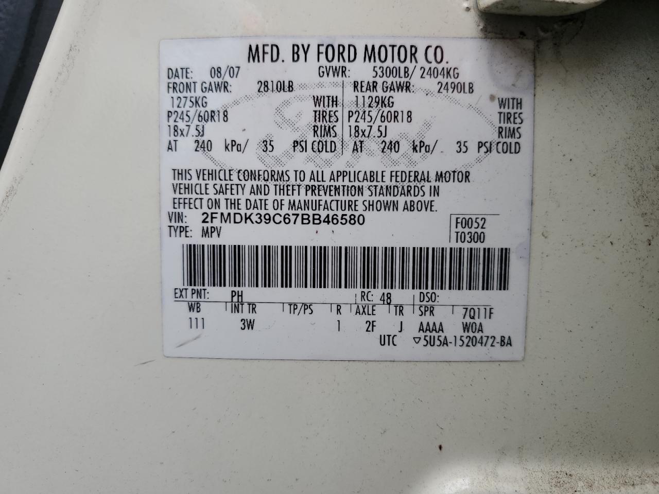 2007 Ford Edge Sel Plus VIN: 2FMDK39C67BB46580 Lot: 58056545