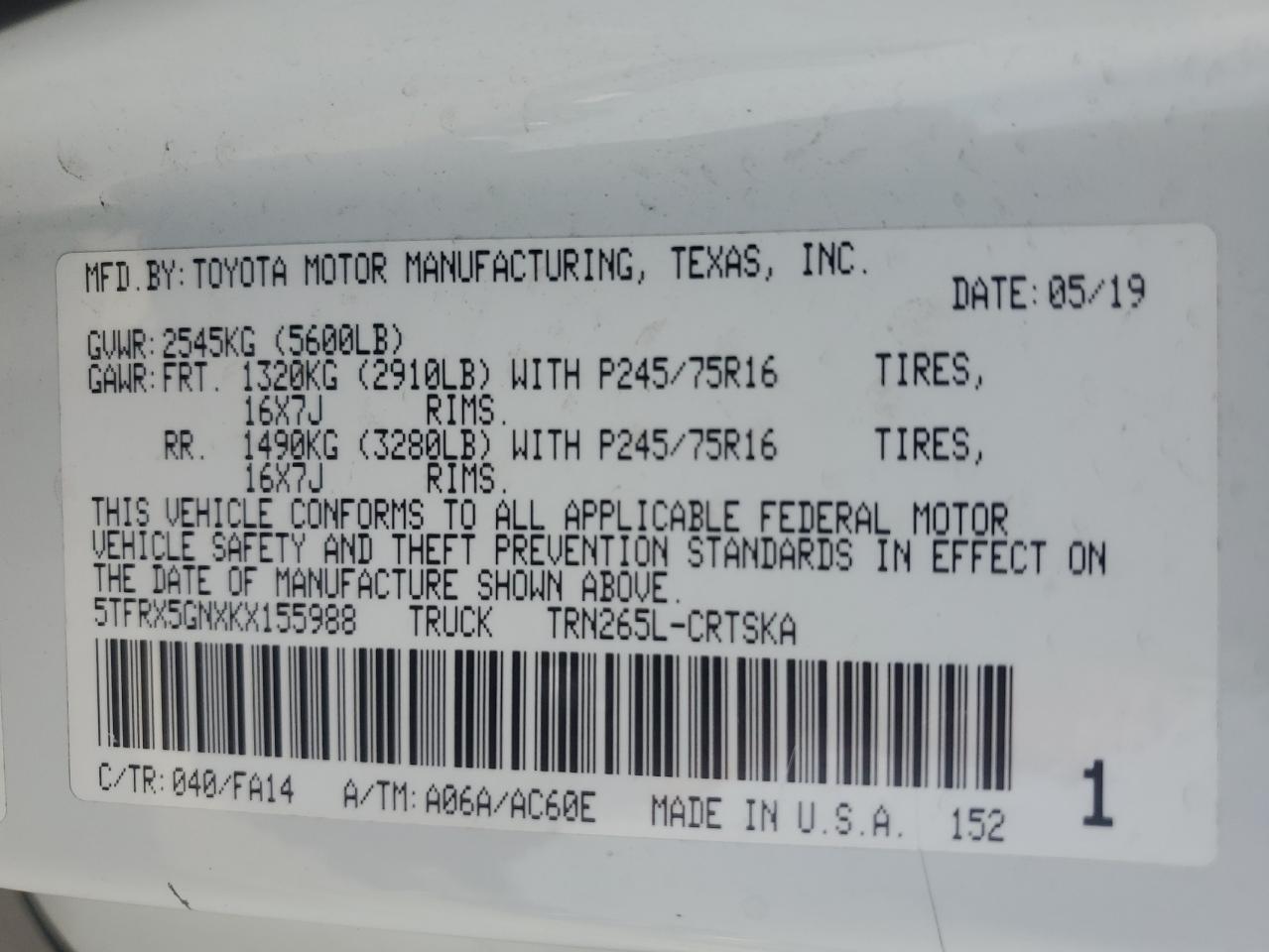 2019 Toyota Tacoma Access Cab VIN: 5TFRX5GNXKX155988 Lot: 56003365