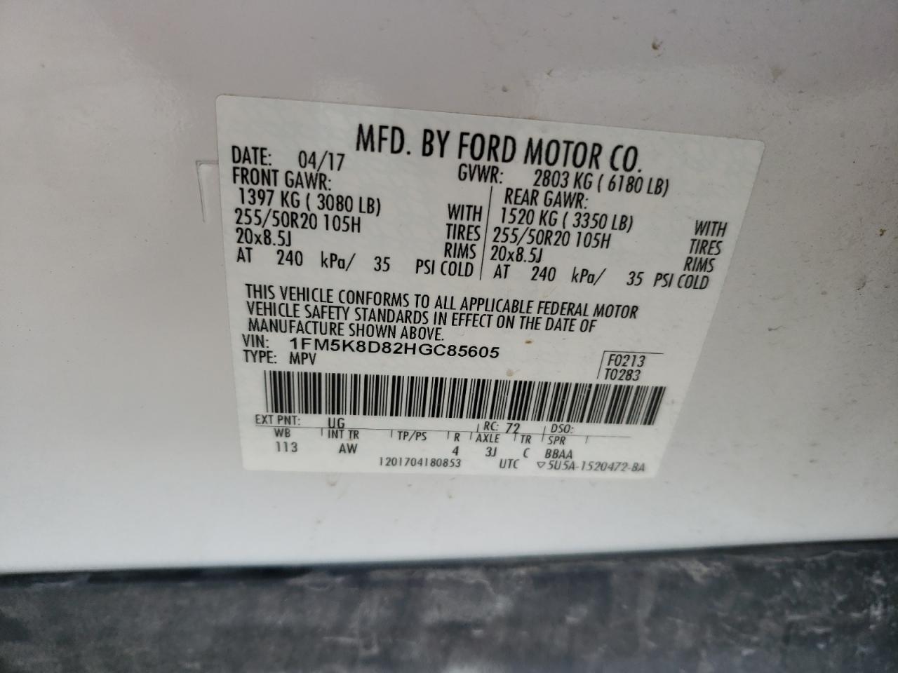 1FM5K8D82HGC85605 FORD EXPLORER 2017