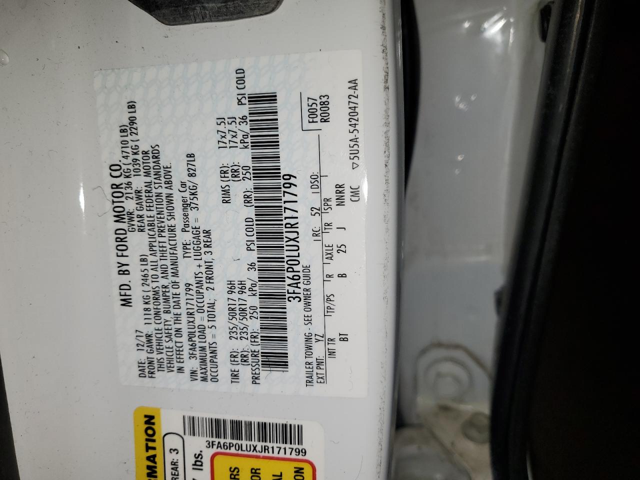 2018 Ford Fusion Se Hybrid VIN: 3FA6P0LUXJR171799 Lot: 55084785