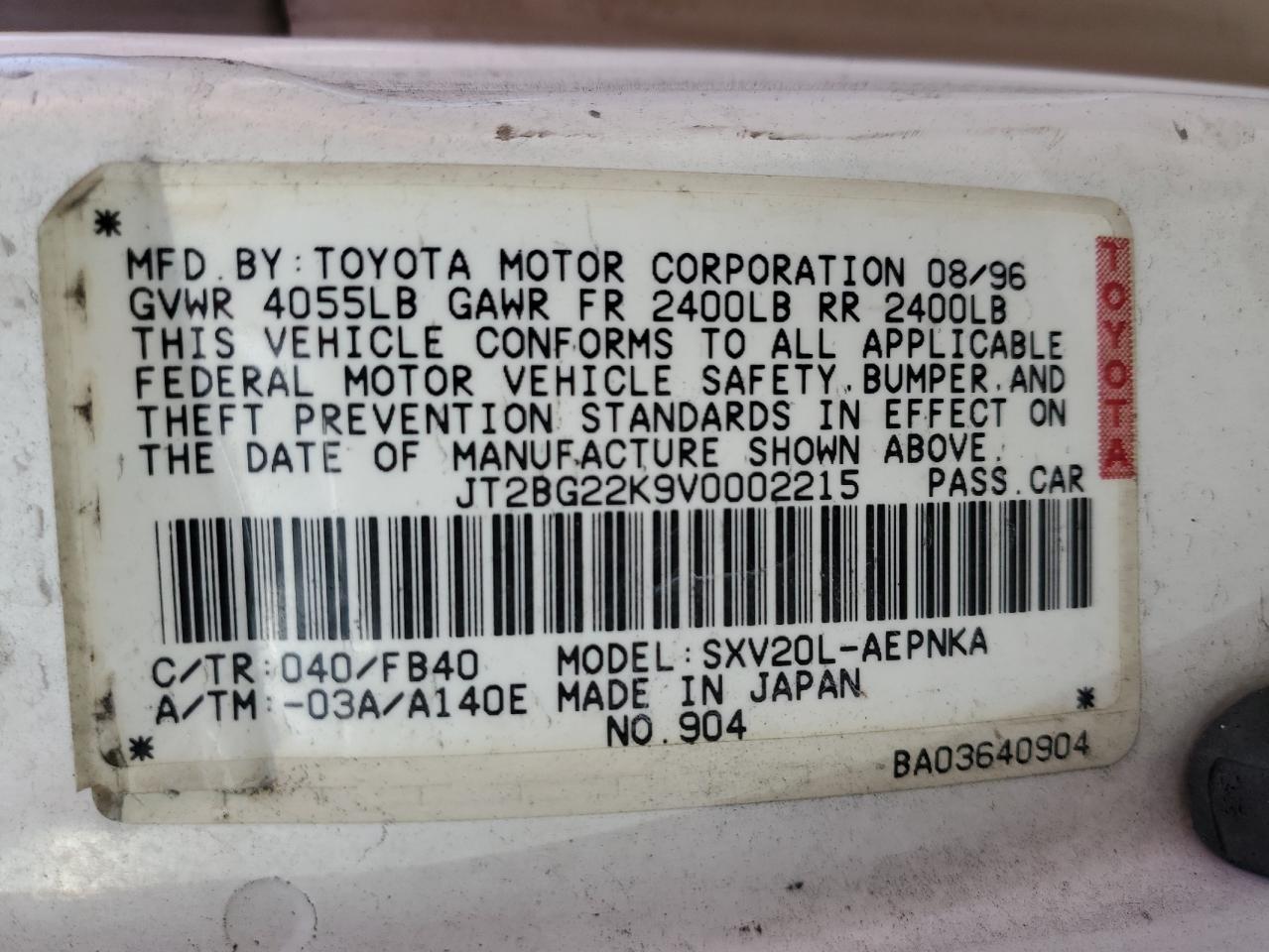 1997 Toyota Camry Le VIN: JT2BG22K9V0002215 Lot: 56932955