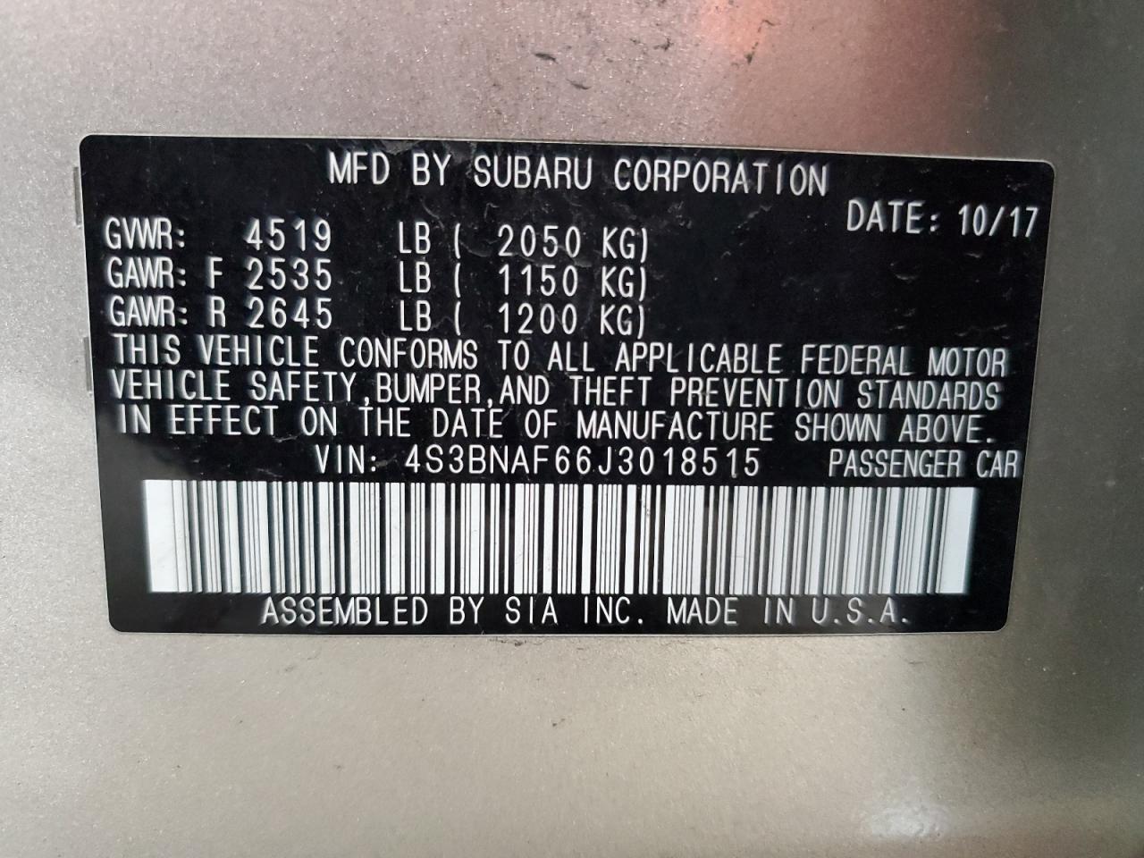 2018 Subaru Legacy 2.5I Premium VIN: 4S3BNAF66J3018515 Lot: 56910475