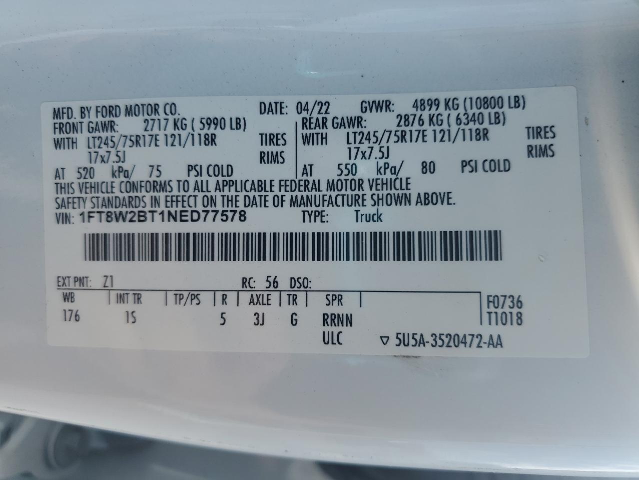 2022 Ford F250 Super Duty VIN: 1FT8W2BT1NED77578 Lot: 55841935