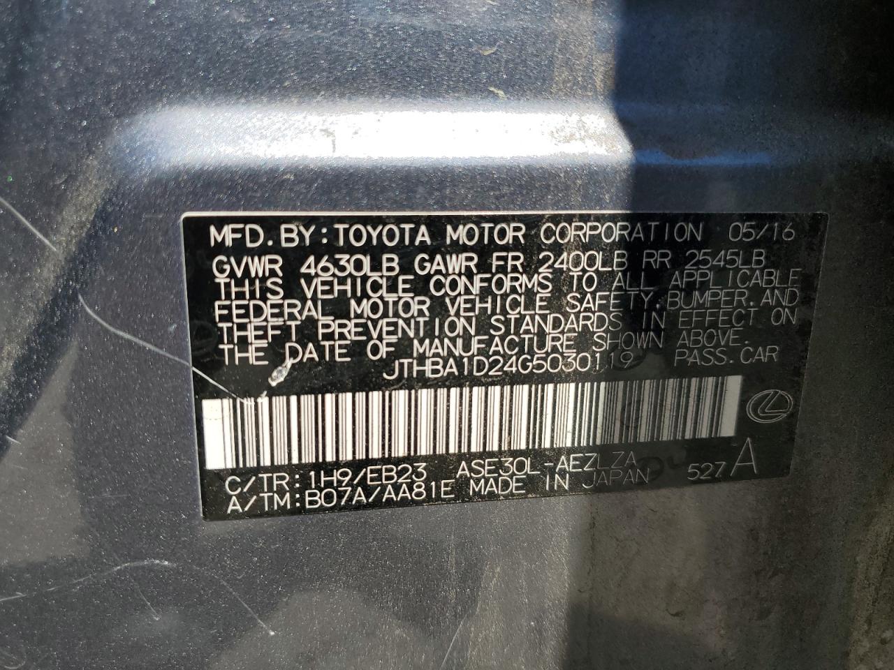 2016 Lexus Is 200T VIN: JTHBA1D24G5030119 Lot: 56073835