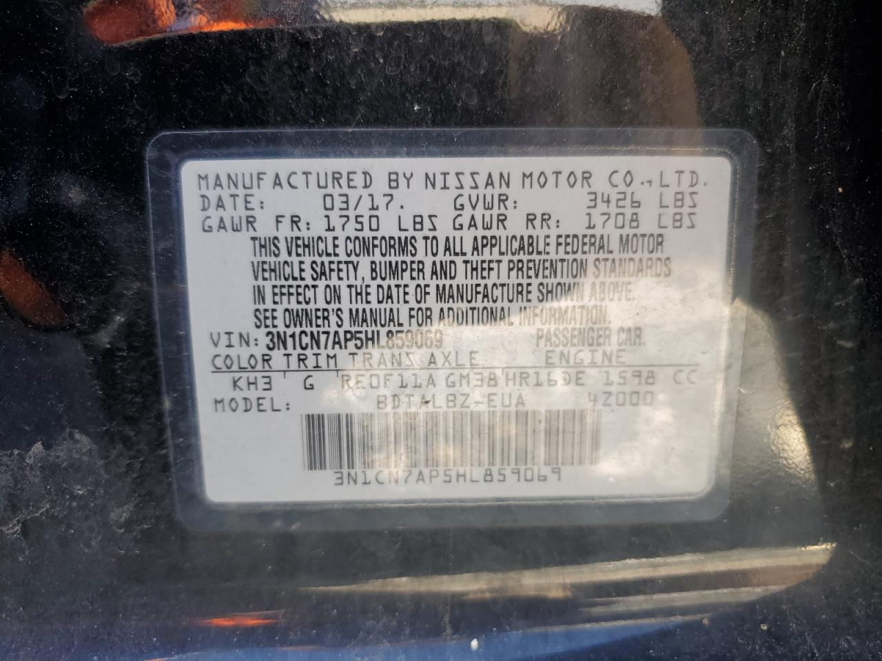 2017 Nissan Versa S VIN: 3N1CN7AP5HL859069 Lot: 58461875