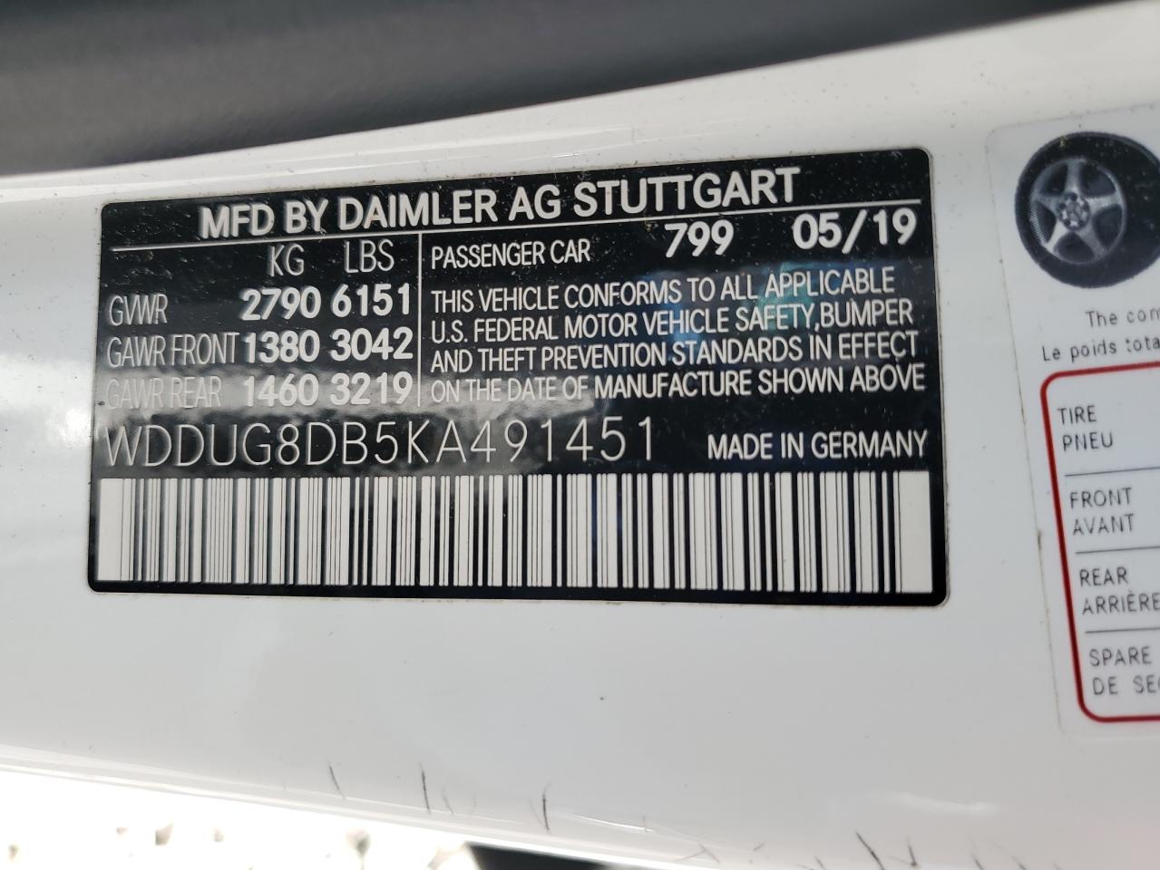 2019 Mercedes-Benz S 560 VIN: WDDUG8DB5KA491451 Lot: 56915505