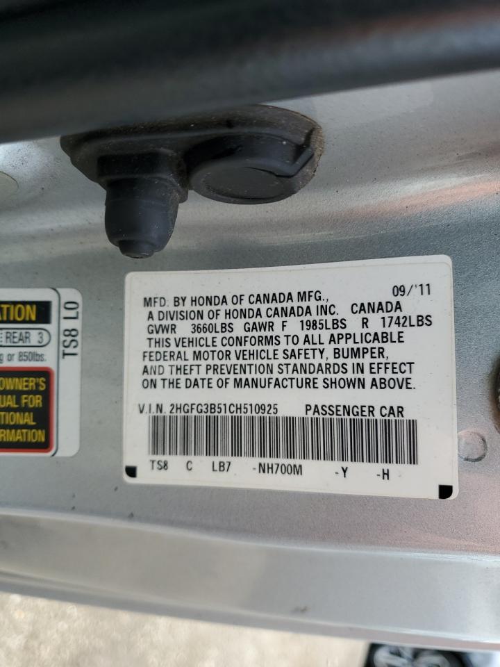 2012 Honda Civic Lx VIN: 2HGFG3B51CH510925 Lot: 53554305