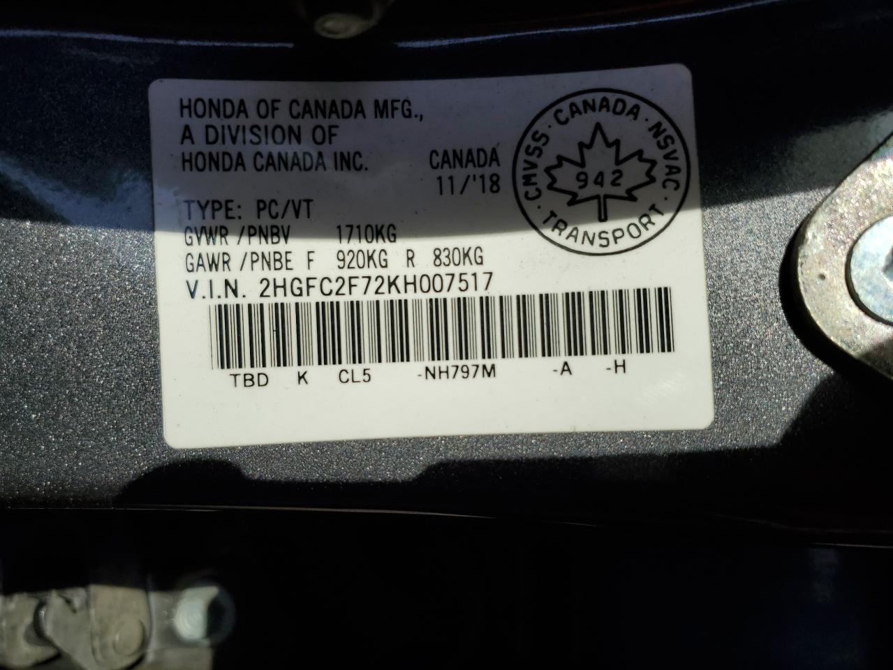 2HGFC2F72KH007517 HONDA CIVIC 2019