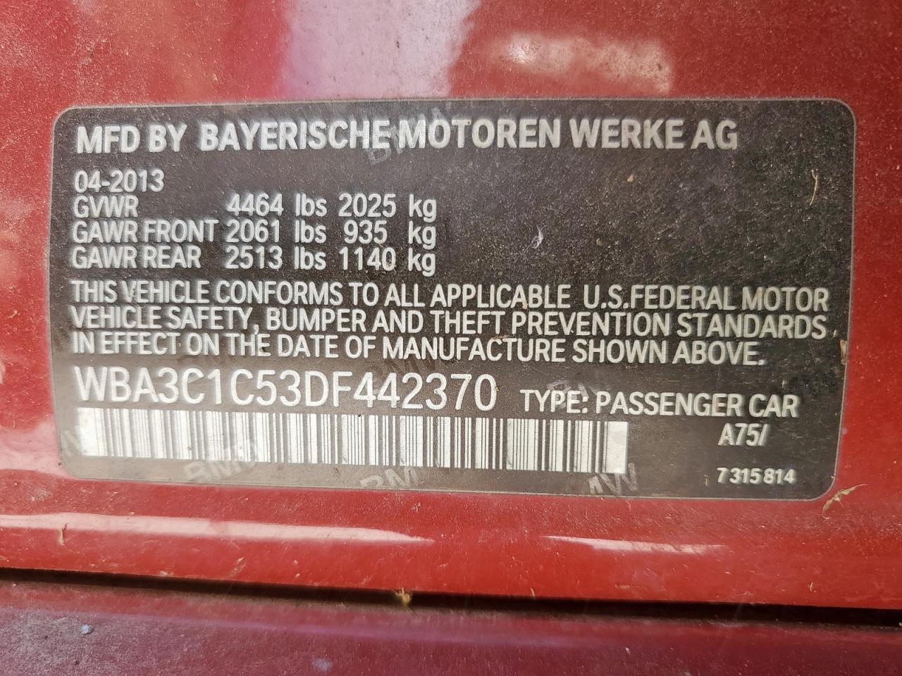 2013 BMW 328 I Sulev VIN: WBA3C1C53DF442370 Lot: 59135105