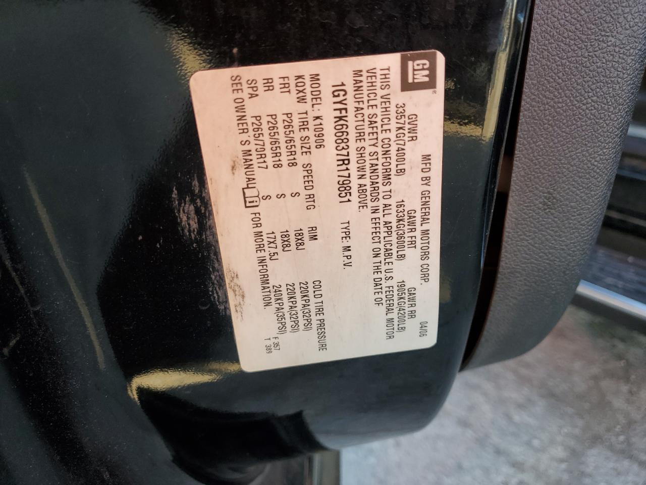 2007 Cadillac Escalade Esv VIN: 1GYFK66837R179851 Lot: 57510365