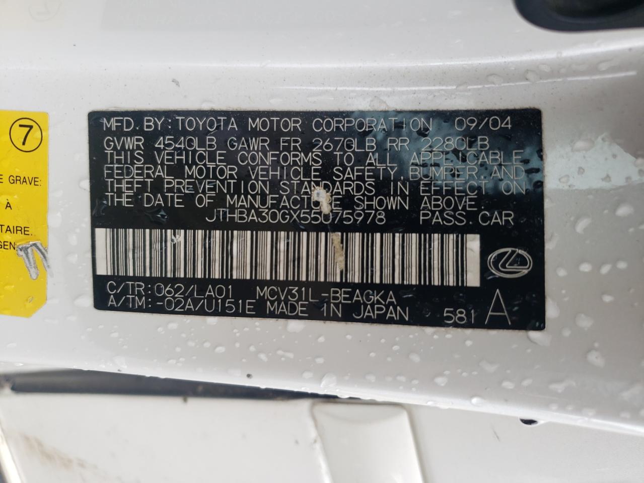 2005 Lexus Es 330 VIN: JTHBA30GX55075978 Lot: 59003175