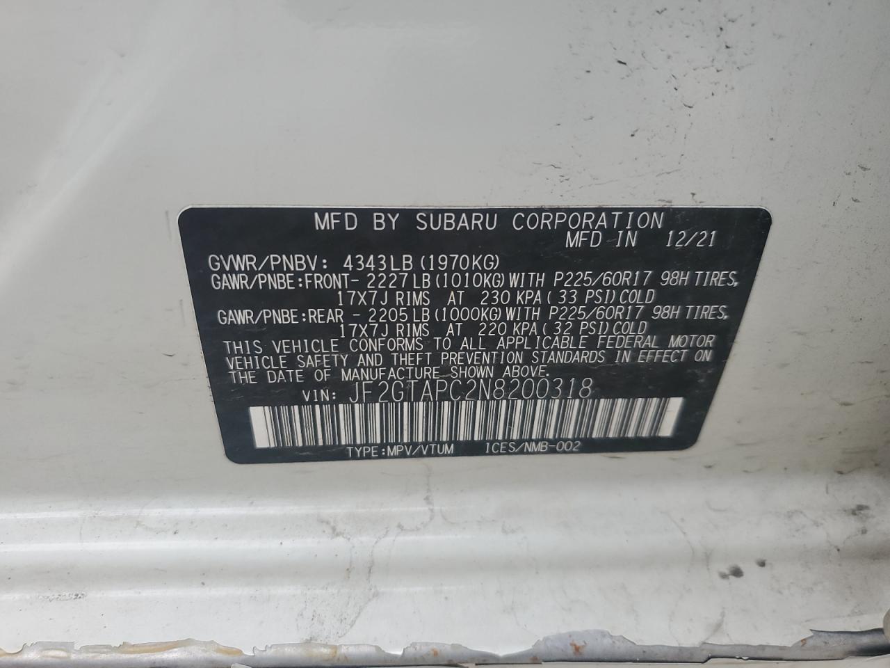 2022 Subaru Crosstrek Premium VIN: JF2GTAPC2N8200318 Lot: 57550435