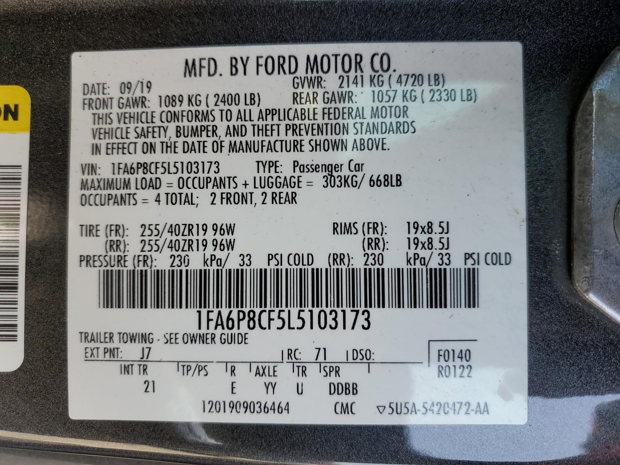 1FA6P8CF5L5103173 FORD MUSTANG 2020