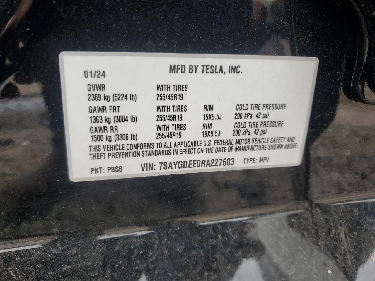 2024 Tesla Model Y VIN: 7SAYGDEE0RA227603 Lot: 56843545