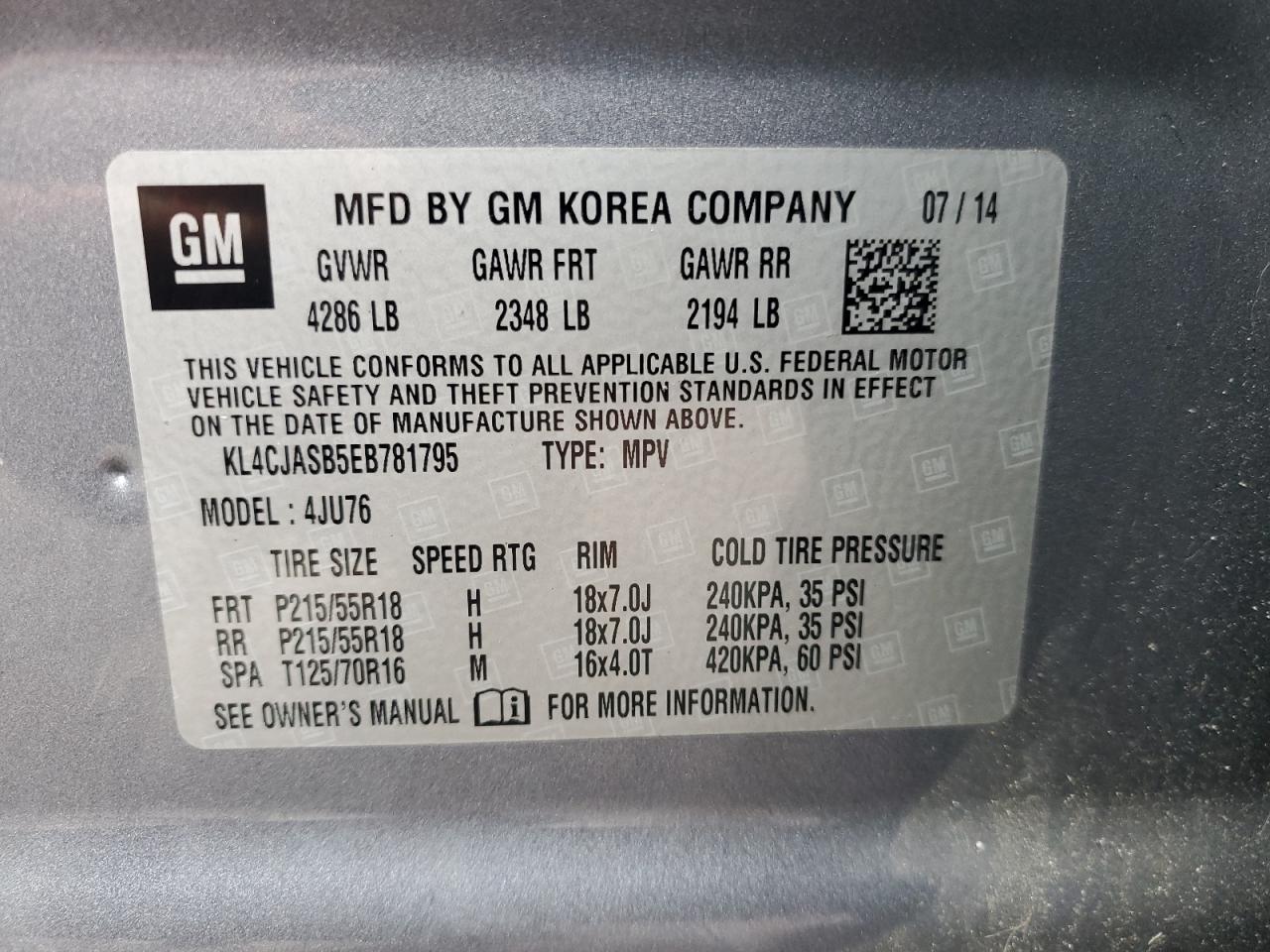 2014 Buick Encore VIN: KL4CJASB5EB781795 Lot: 56576465