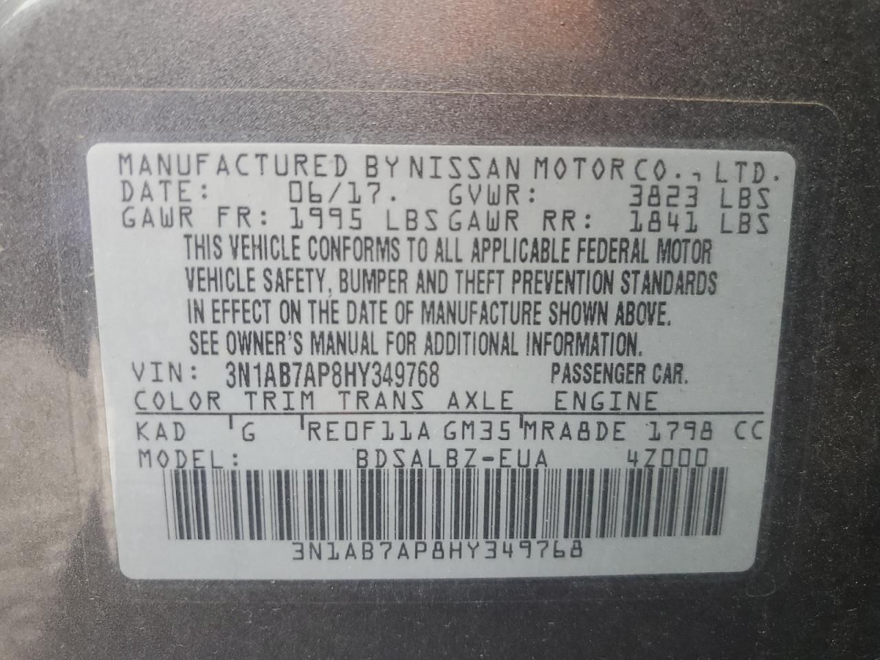 3N1AB7AP8HY349768 NISSAN SENTRA 2017
