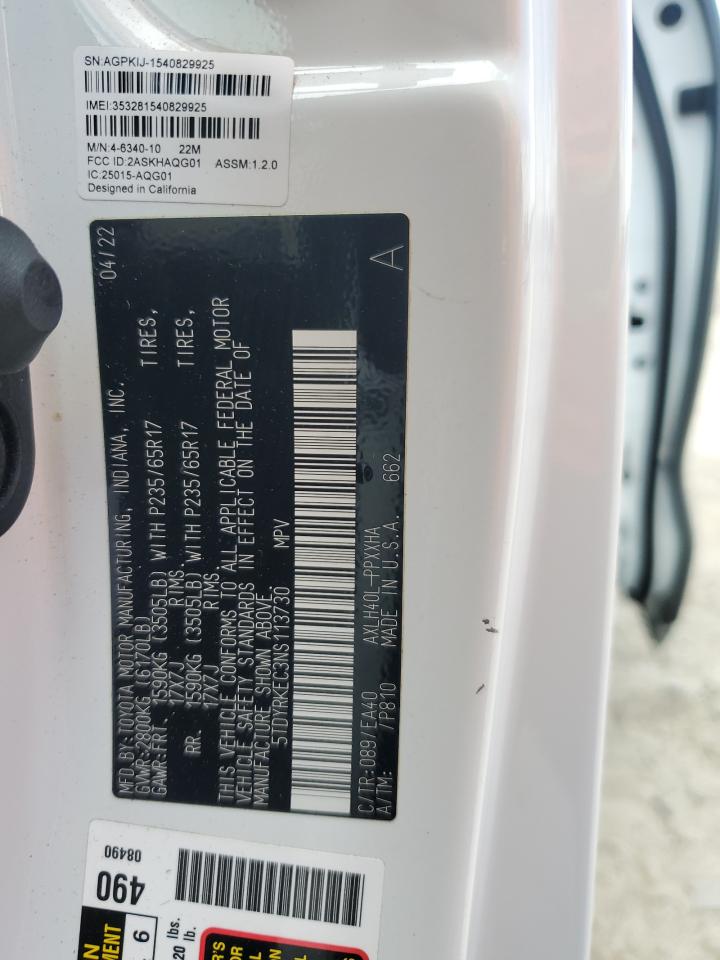 2022 Toyota Sienna Xle VIN: 5TDYRKEC3NS113730 Lot: 57160105