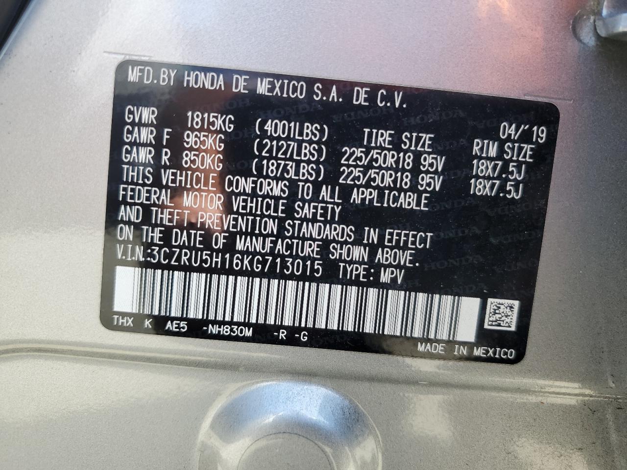 2019 Honda Hr-V Sport VIN: 3CZRU5H16KG713015 Lot: 57093455