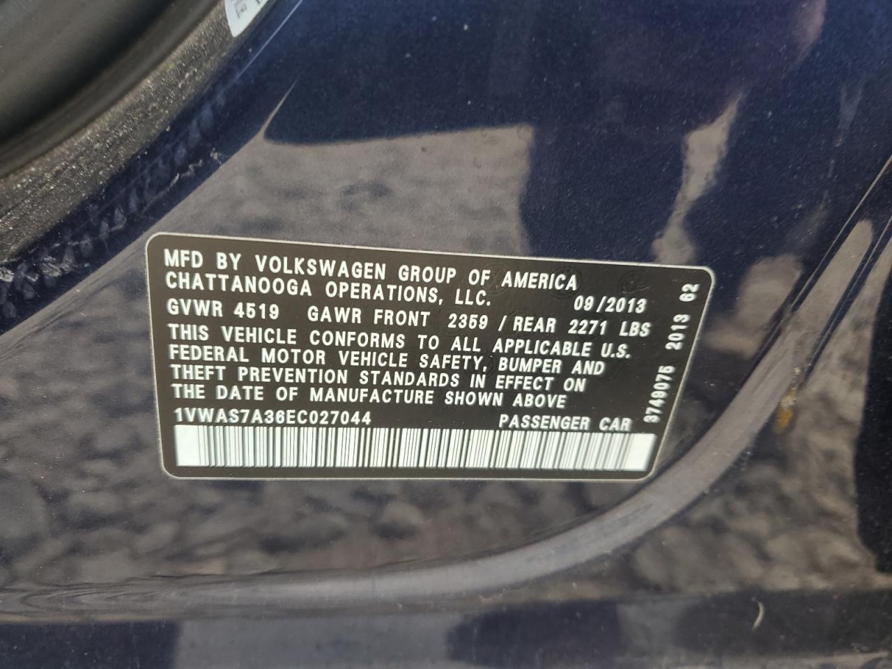2014 Volkswagen Passat S VIN: 1VWAS7A36EC027044 Lot: 56142855