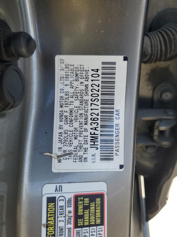 2007 Honda Civic Hybrid VIN: JHMFA36217S022104 Lot: 58100845