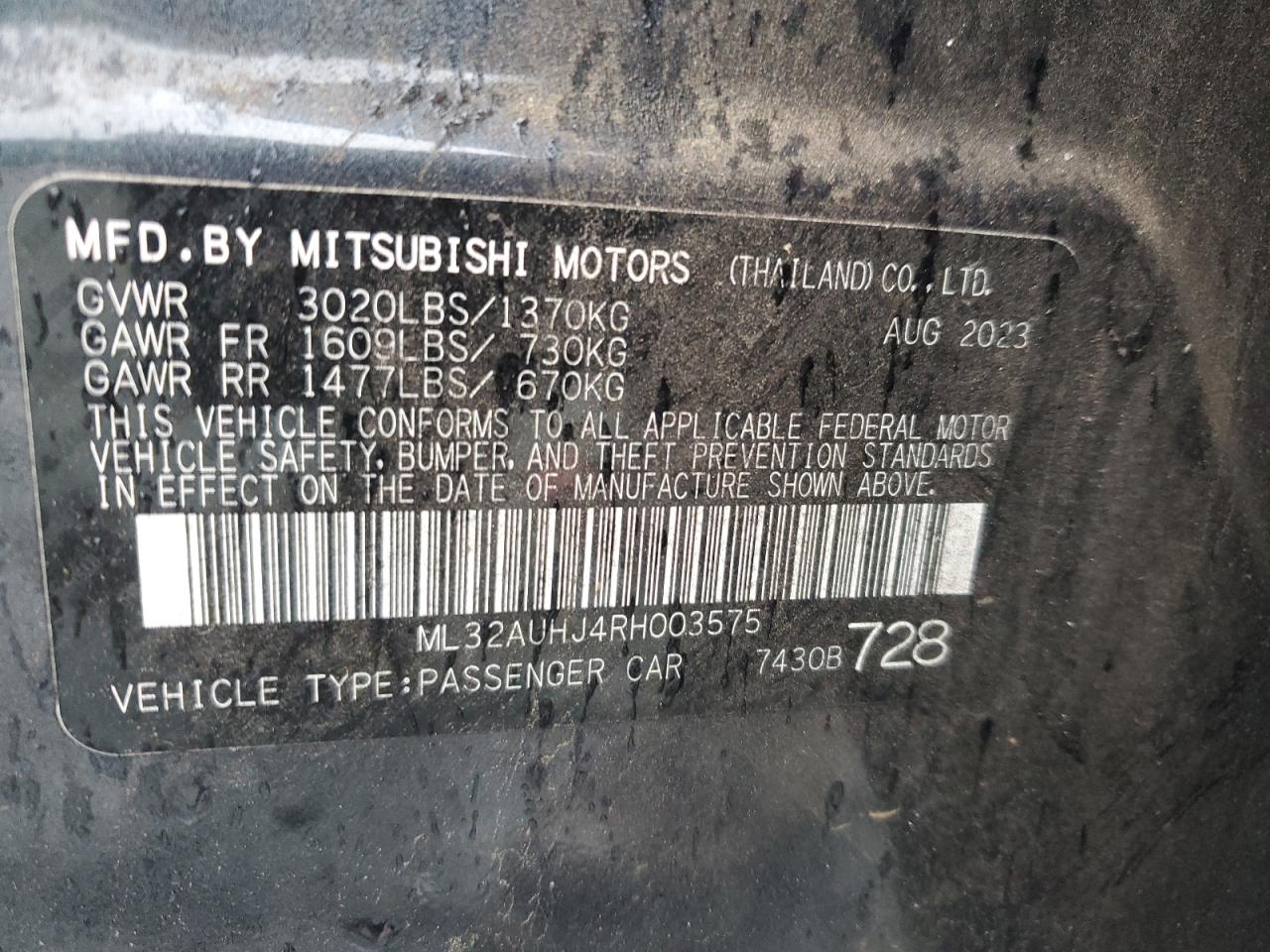 2024 Mitsubishi Mirage Es VIN: ML32AUHJ4RH003575 Lot: 56182425