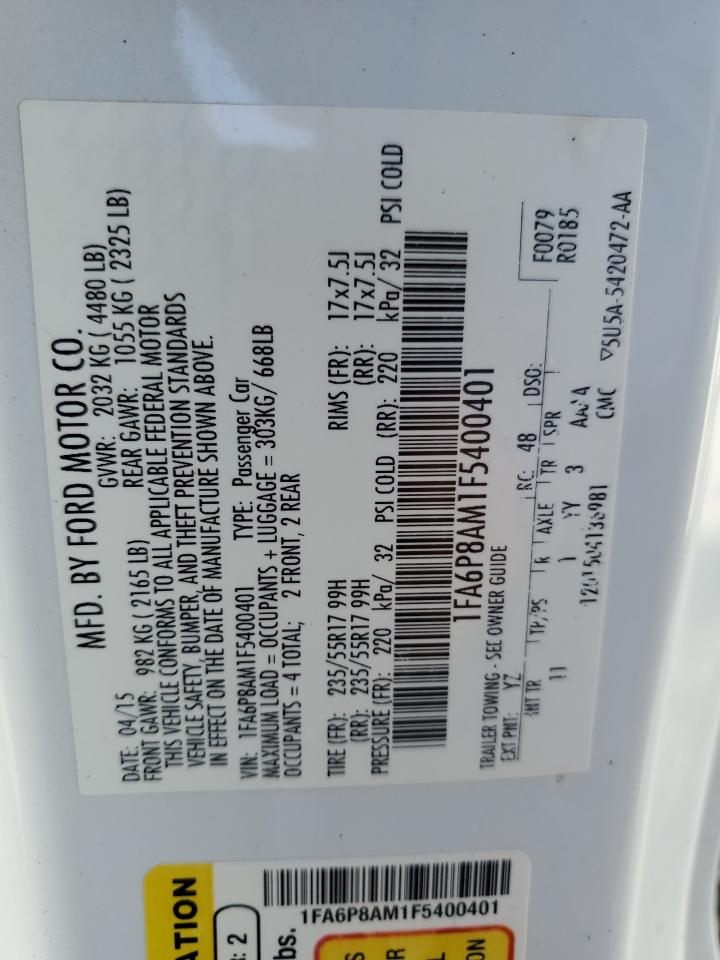 2015 Ford Mustang VIN: 1FA6P8AM1F5400401 Lot: 56145655