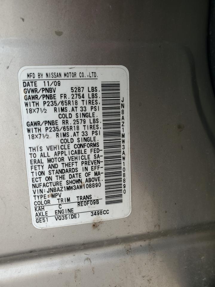 2010 Nissan Murano S VIN: JN8AZ1MW3AW108890 Lot: 54698245