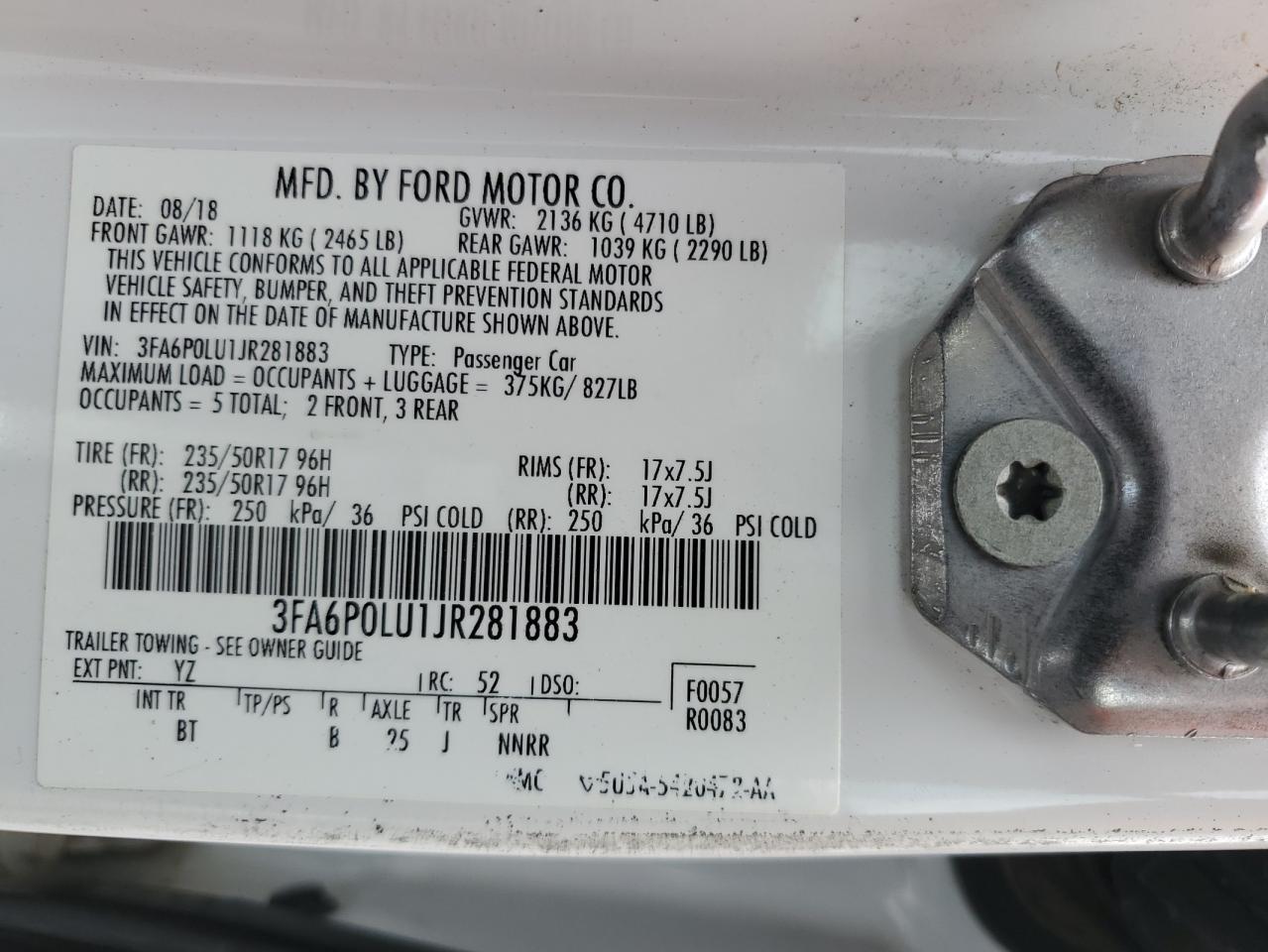 2018 Ford Fusion Se Hybrid VIN: 3FA6P0LU1JR281883 Lot: 54036945