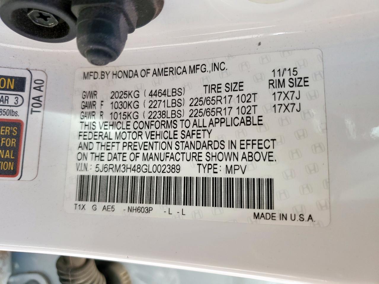 2016 Honda Cr-V Se VIN: 5J6RM3H48GL002389 Lot: 57341745