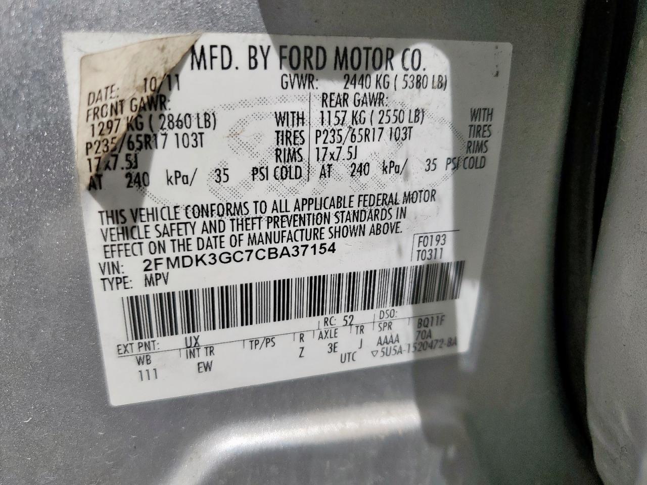 2012 Ford Edge Se VIN: 2FMDK3GC7CBA37154 Lot: 56968125