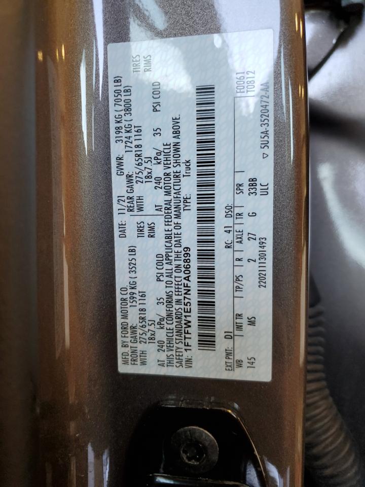 2022 Ford F150 Supercrew VIN: 1FTFW1E57NFA06899 Lot: 56701565