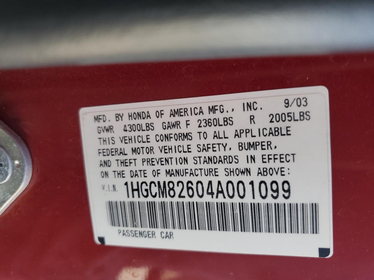 2003 Honda Accord Ex VIN: 1HGCM82604A001099 Lot: 69056825