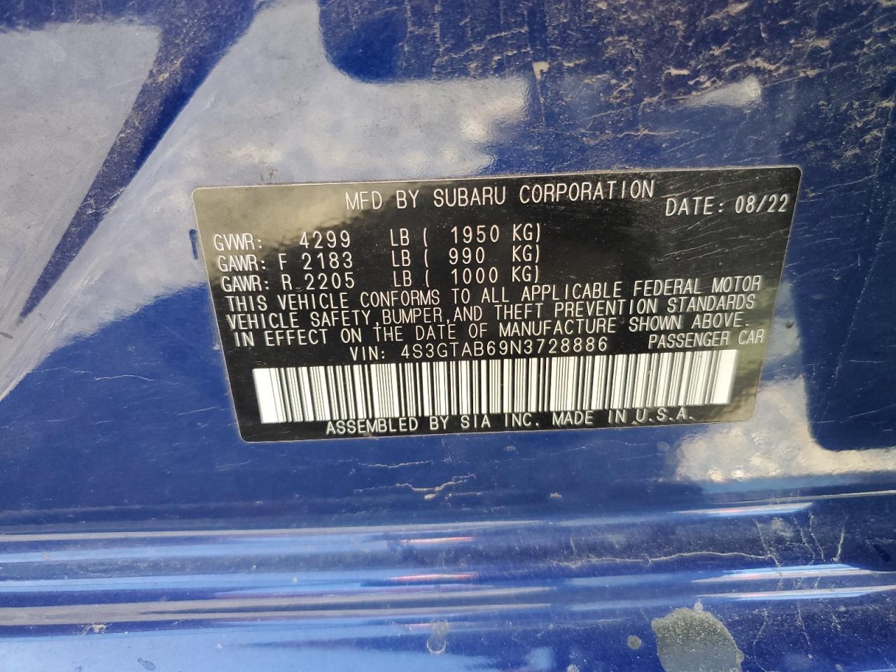 2022 Subaru Impreza VIN: 4S3GTAB69N3728886 Lot: 57076475