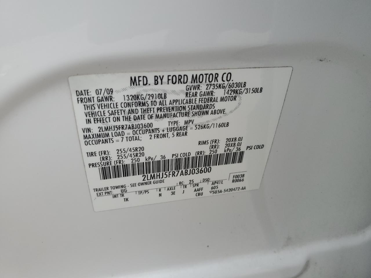 2010 Lincoln Mkt VIN: 2LMHJ5FR7ABJ03600 Lot: 56129555