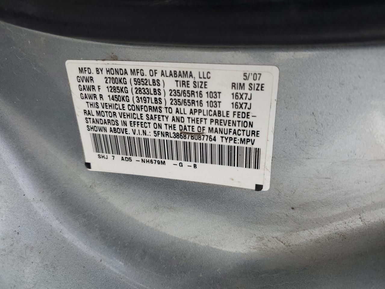 2007 Honda Odyssey Exl VIN: 5FNRL38687B087764 Lot: 56688065