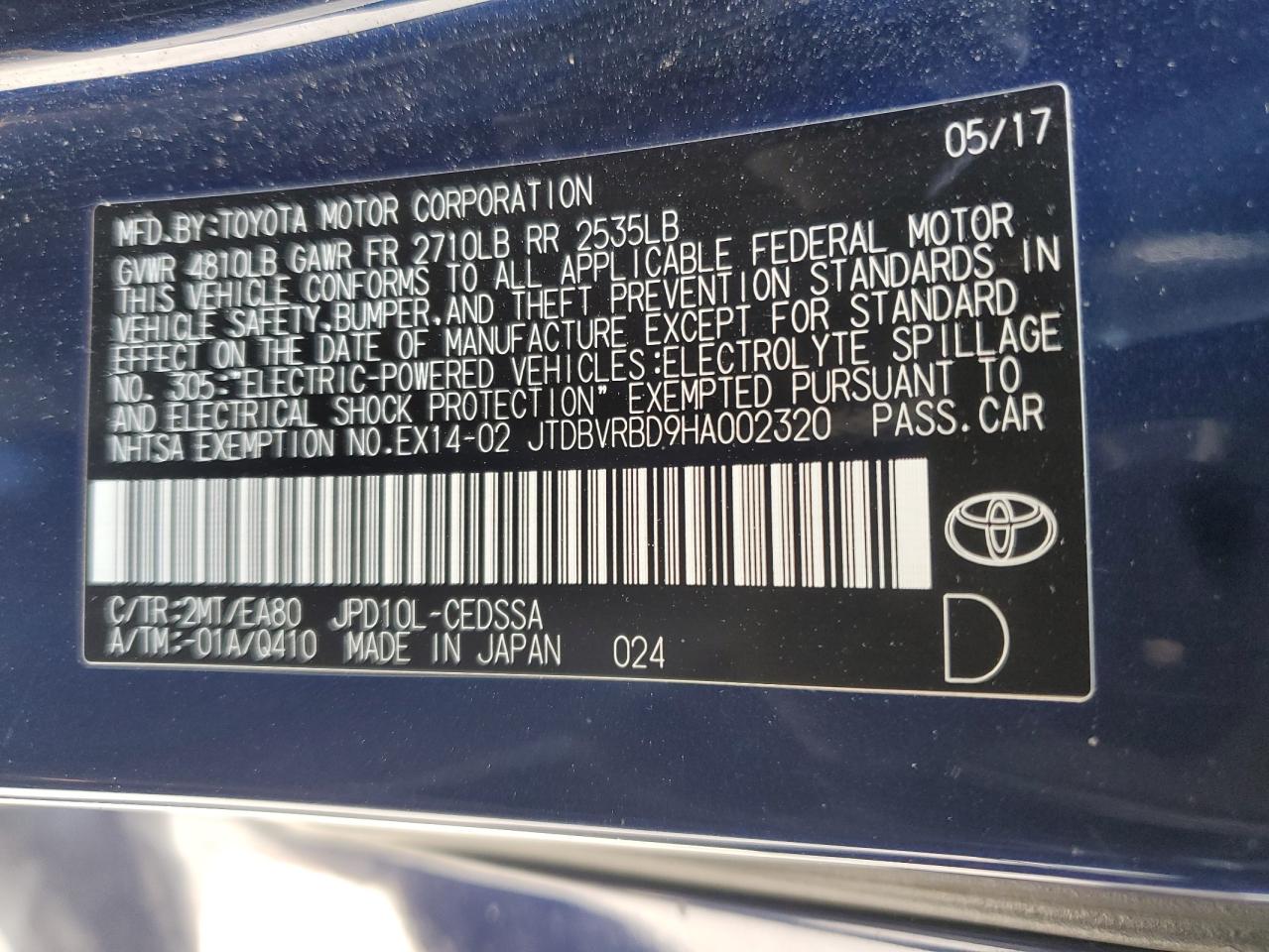 2017 Toyota Mirai VIN: JTDBVRBD9HA002320 Lot: 55419855